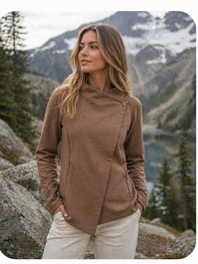 Ibex Wool Blend Asymmetrical Brown Wrap Sweater small